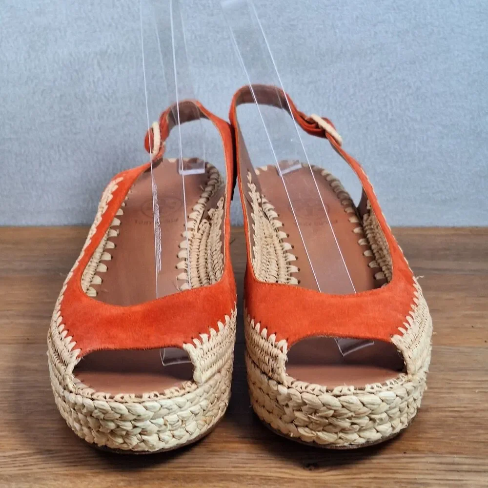 Tory Burch Espadrille Wedge Sandals Women's 9 Orange Jute Leather Platform Heels